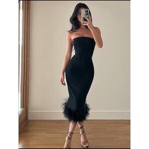 Klesis Black Kori Strapless Midi Feathered Bottom Boned Corset Zip Back Large